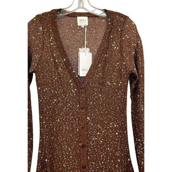 Misa Los Angeles Rafael Brown Sequin Button-Down Maxi Dress Cardigan Medium NWT - Picture 4 of 7